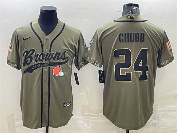 Mens Cleveland Browns #24 Nick Chubb Olive 2022 Salute To Service Cool Base Stitched Baseball Jersey